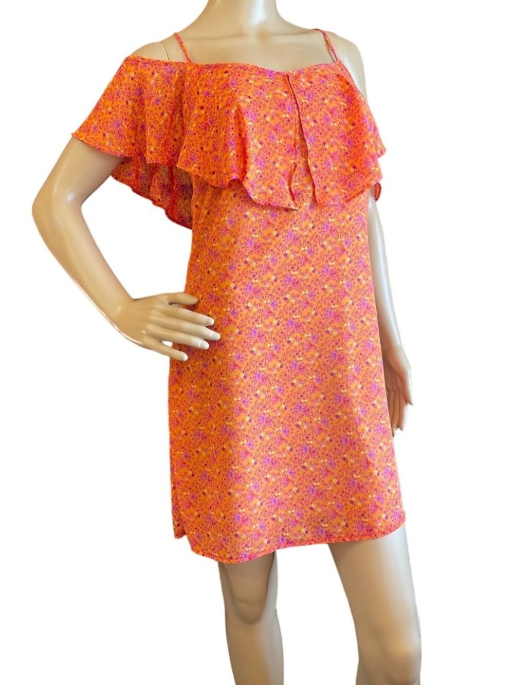 Basically Me Dress Size M Coral Orange Floral Ruffle Cold Shoulder Sundress